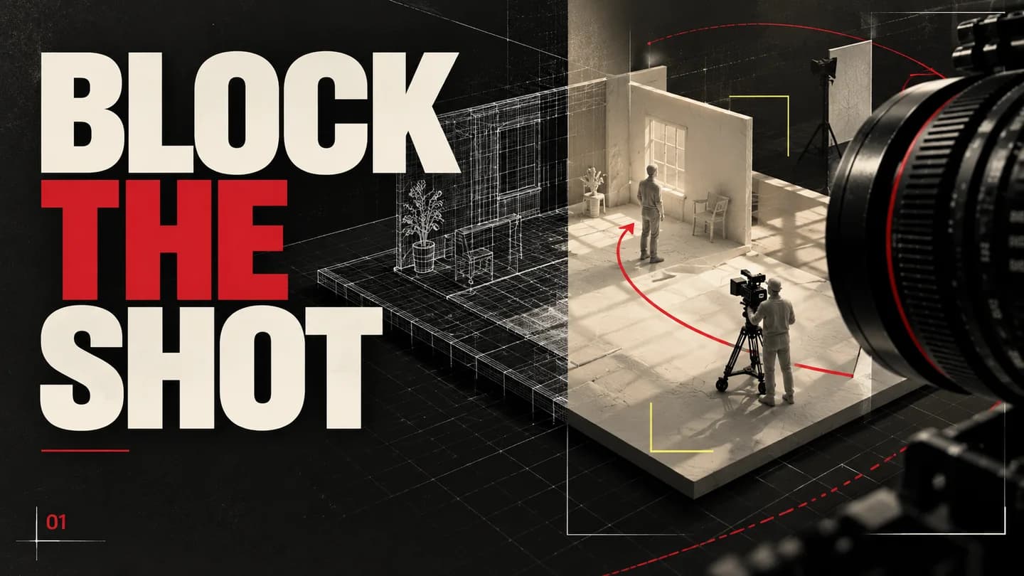 Clay film set, camera lens and a red camera path on a technical grid.