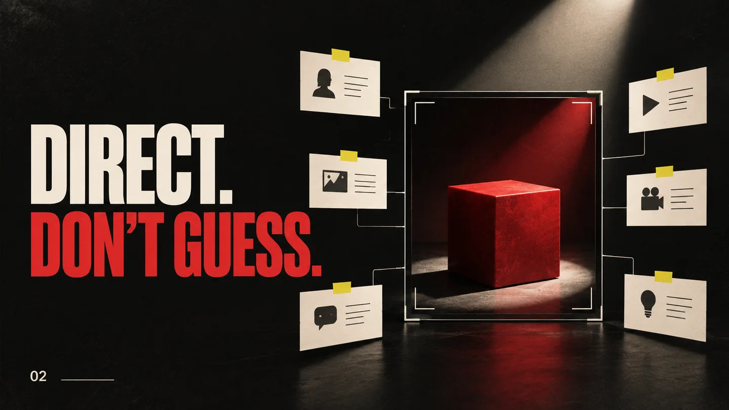 A red subject under a spotlight surrounded by reference cards and timeline cues.